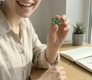 Green novelty dollar enamel pin displayed on a wooden surface